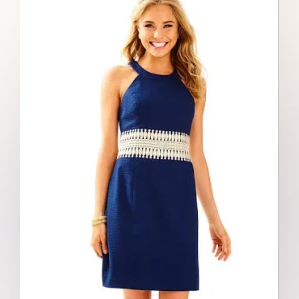 Lilly Pulitzer Ashlyn Shift Dress Navy Blue with Gold Accents Size 00